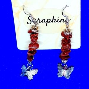 Tiger Eye Shiny Stone Chip Silver Butterfly Dangle Earrings